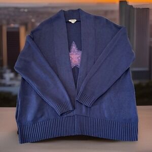 Candace cameron bure Woman's Size L Open Sweater Collared Blue Novelty Cardigan